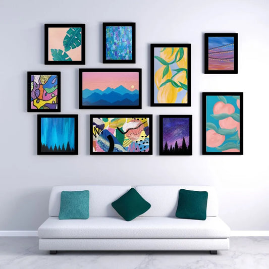 Brush and Bubbles paintings hanging on living room wall 