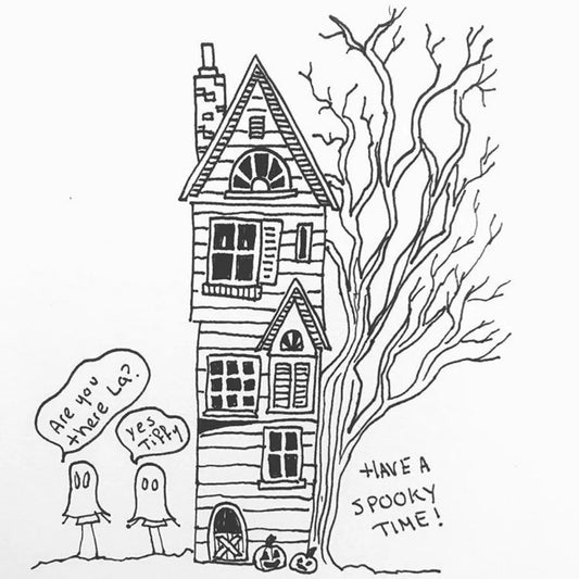ink pen drawing of a haunted house with two ghosts