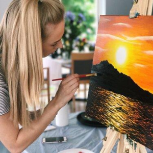 Artist teaching sunset seaside canvas painting 